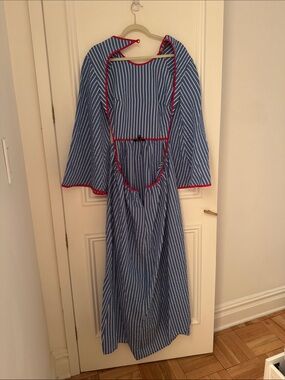 Blue & White Striped Dress with Red Trim